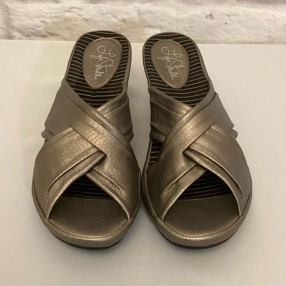 Life Stride Bronze Metallic Slip-On Heeled Sandals